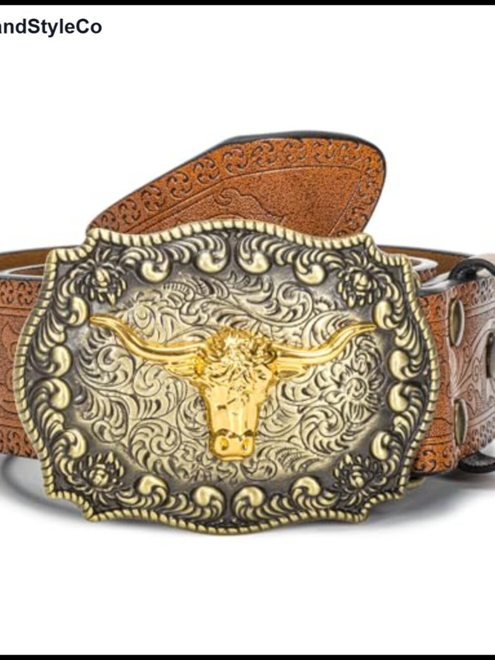 Western Cowboy Belt PU Leather Floral Longhorn Buckle Waist 25-38 - Picture 4 of 6